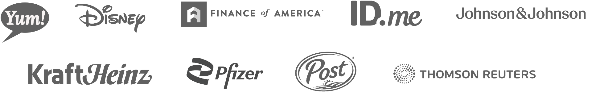 Trusted by leading companies including Yum! Brands, Disney, Finance of America, ID.me, Johnson & Johnson, Kraft Heinz, Pfizer, Post Holdings, and Thomson Reuters