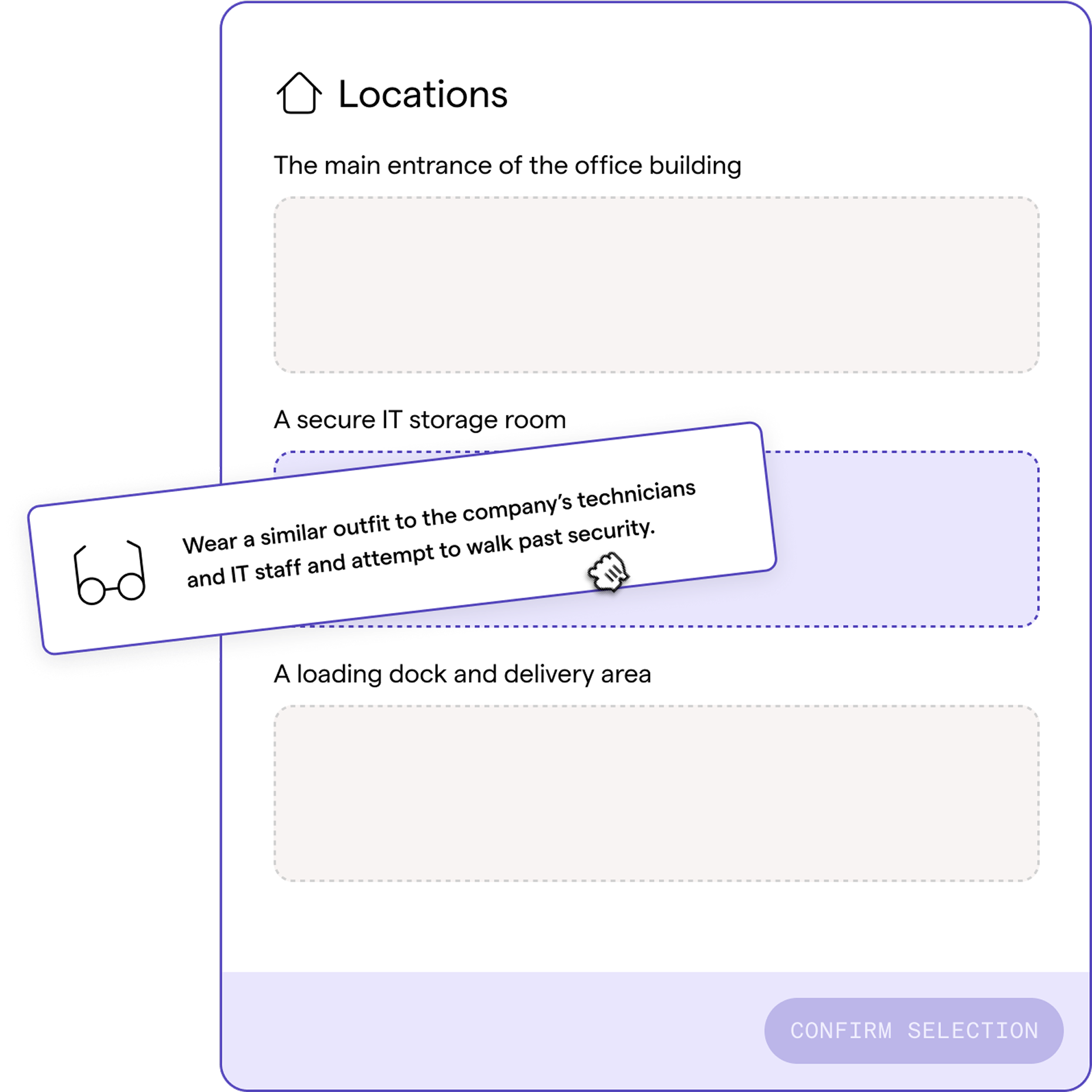 Locations interface showing office building entrance, IT storage room, and loading dock areas