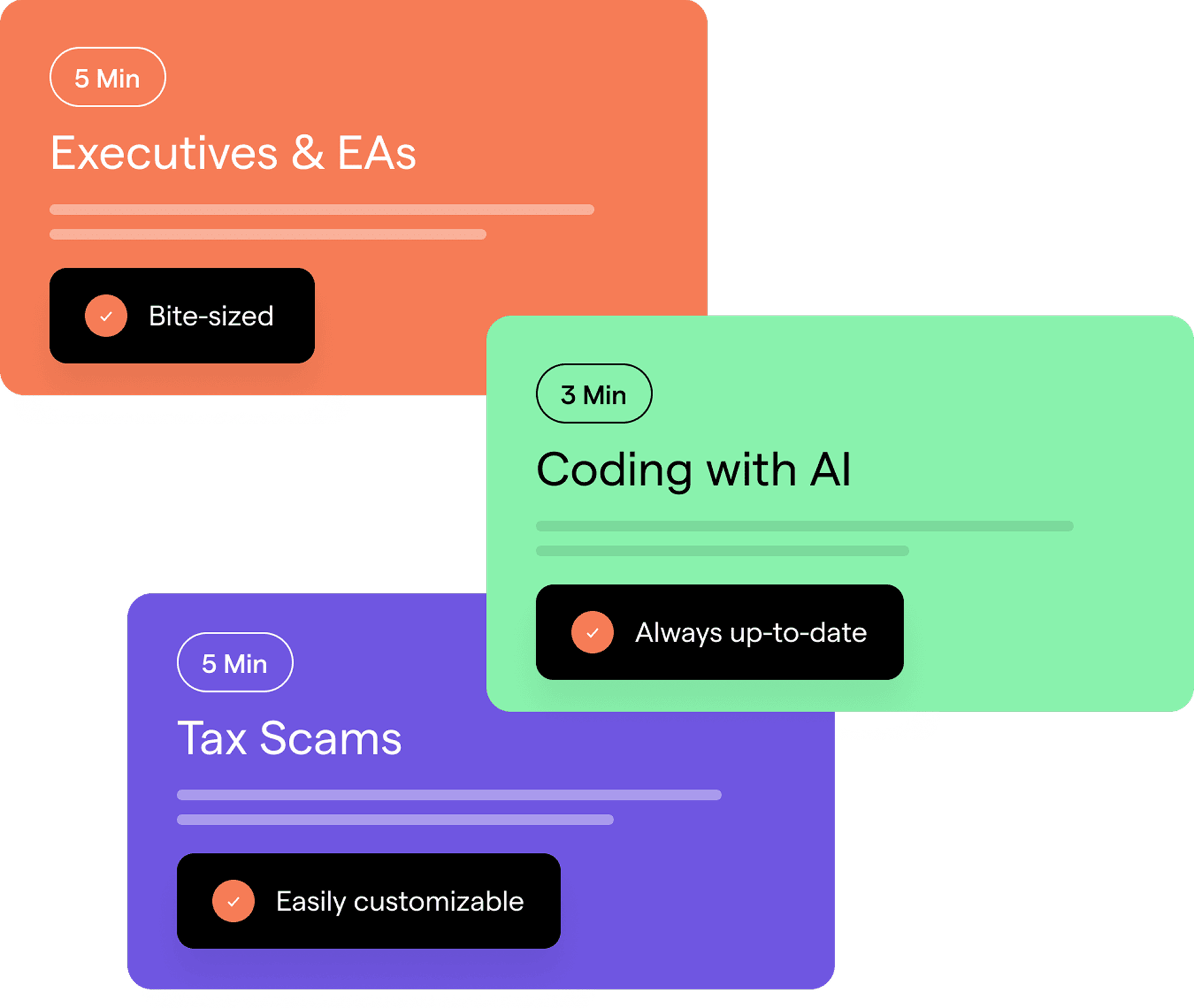 Security Awareness Training modules showing Executives & EAs, Coding with AI, and Tax Scams training cards