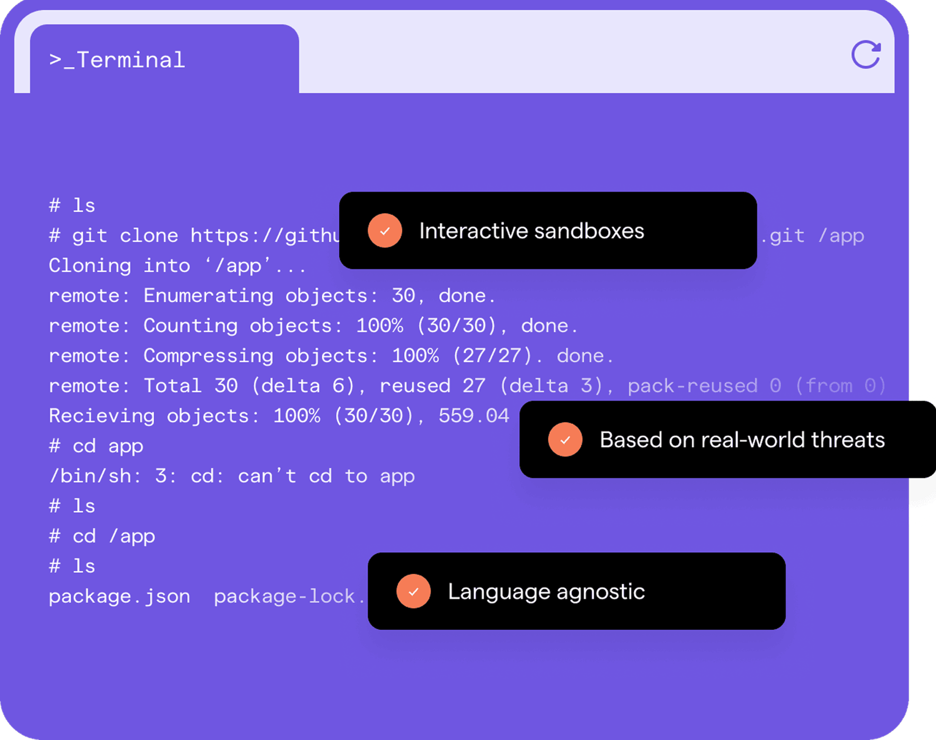 Developer Training terminal interface showing interactive sandboxes and real-world threats