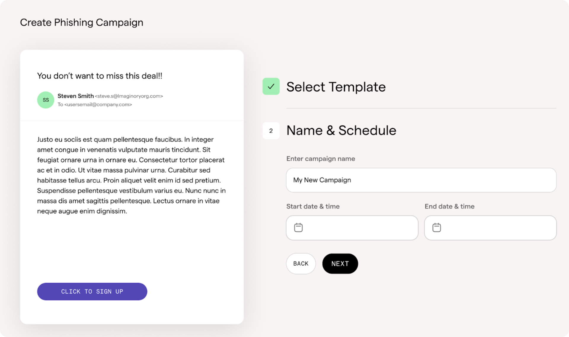 Create Phishing Campaign interface showing email template and campaign setup form